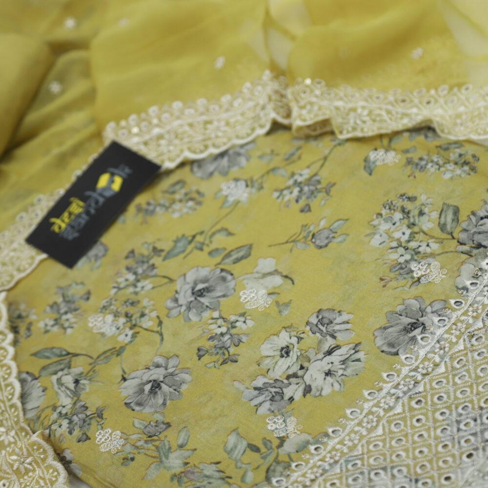 Dijon Yellow All Over Floral Printed Top with Chiffon Dupatta Set