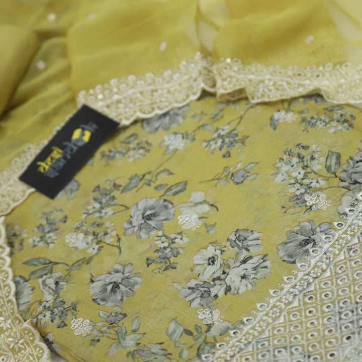 Dijon Yellow All Over Floral Printed Top with Chiffon Dupatta Set