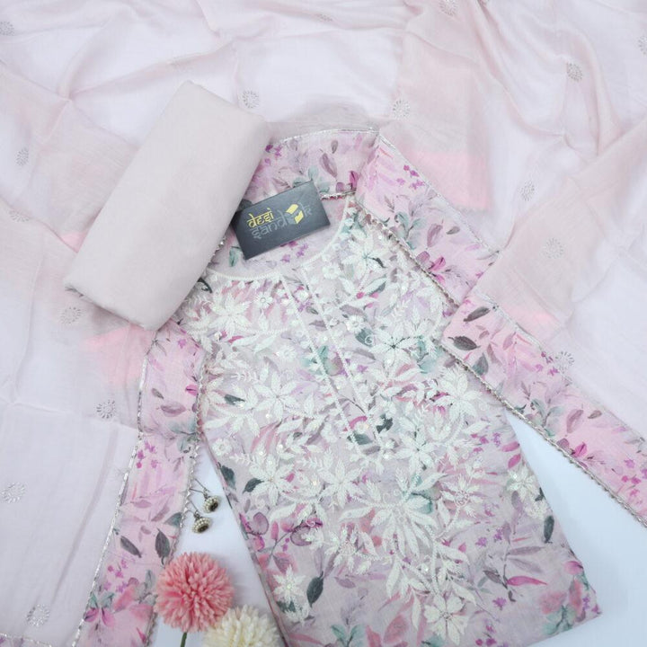 Light Pink Printed Cotton Linen Top with Cotton Silk Dupatta Set