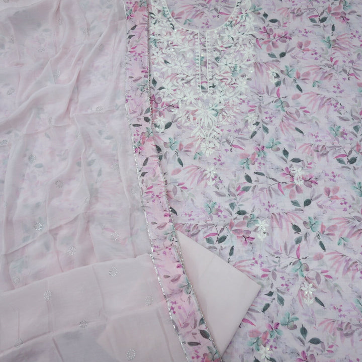Light Pink Printed Cotton Linen Top with Cotton Silk Dupatta Set