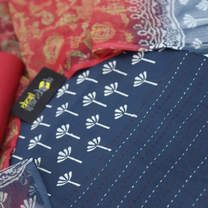 Denim Blue Printed Top with Red Printed Kota Dupatta Set-1