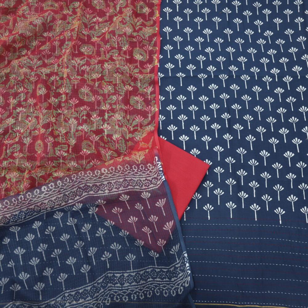 Denim Blue Printed Top with Red Printed Kota Dupatta Set-1