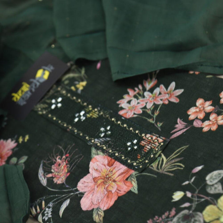 Sacramento Green Floral Cotton Linen Top with Cotton Silk Dupatta Set