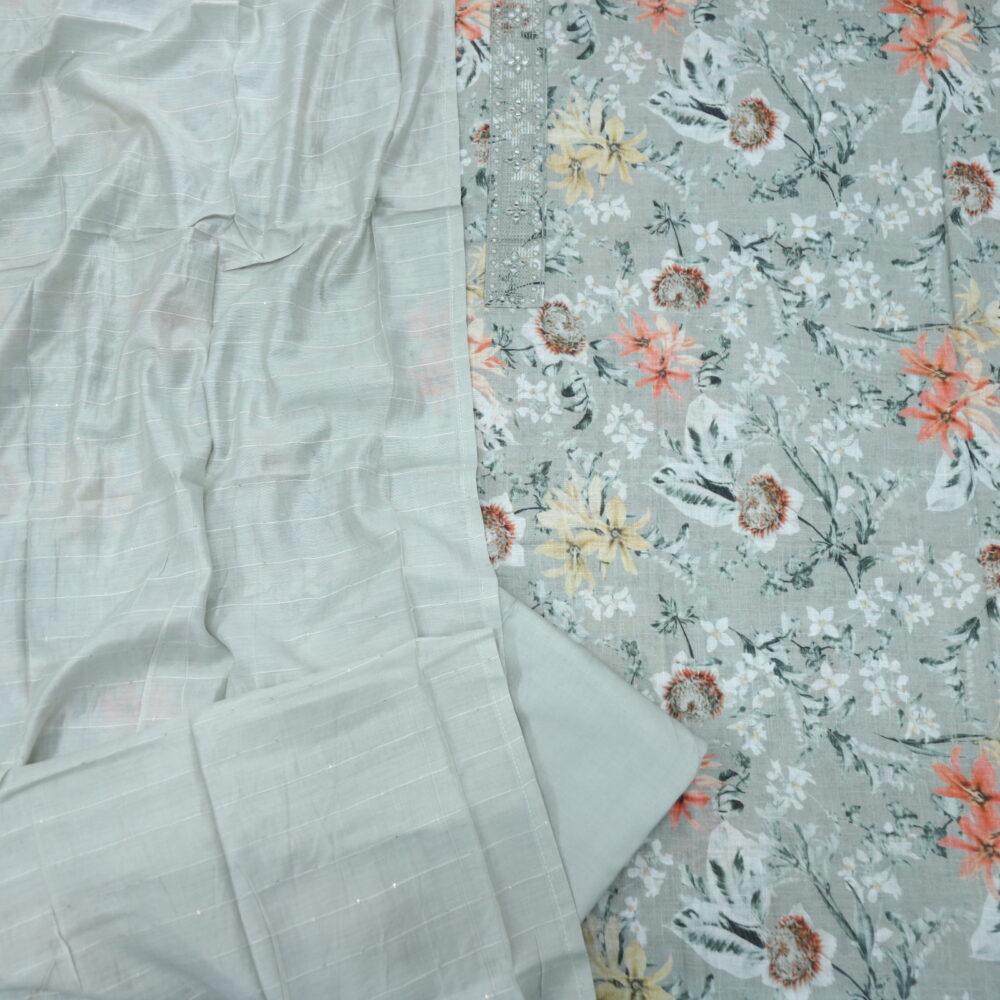 Sage Green Floral Cotton Linen Top with Cotton Silk Dupatta Set