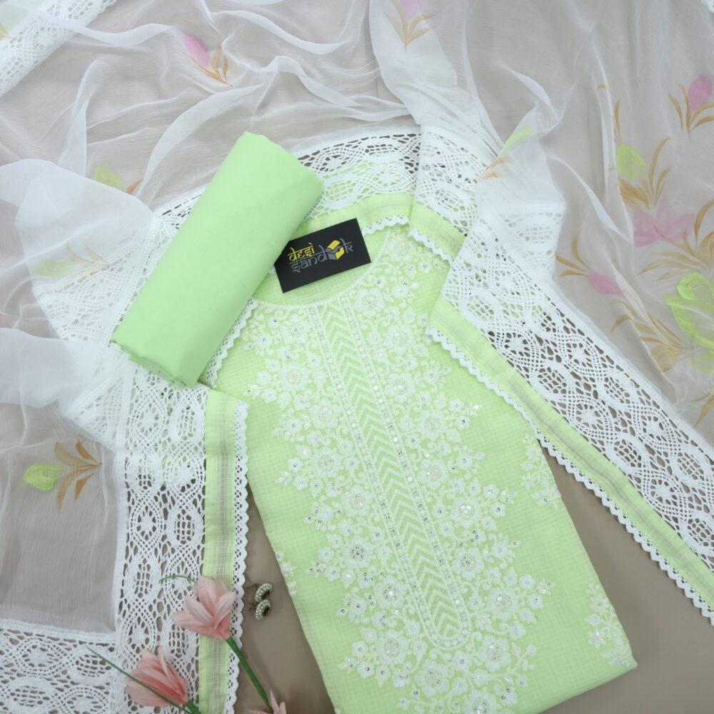 Neon Green Kota Doriya Top with Chiffon Hand Painted Dupatta Set