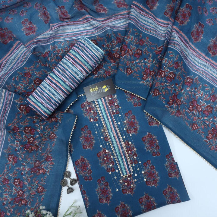 Navy Blue Printed Cotton Top and Dupatta Set