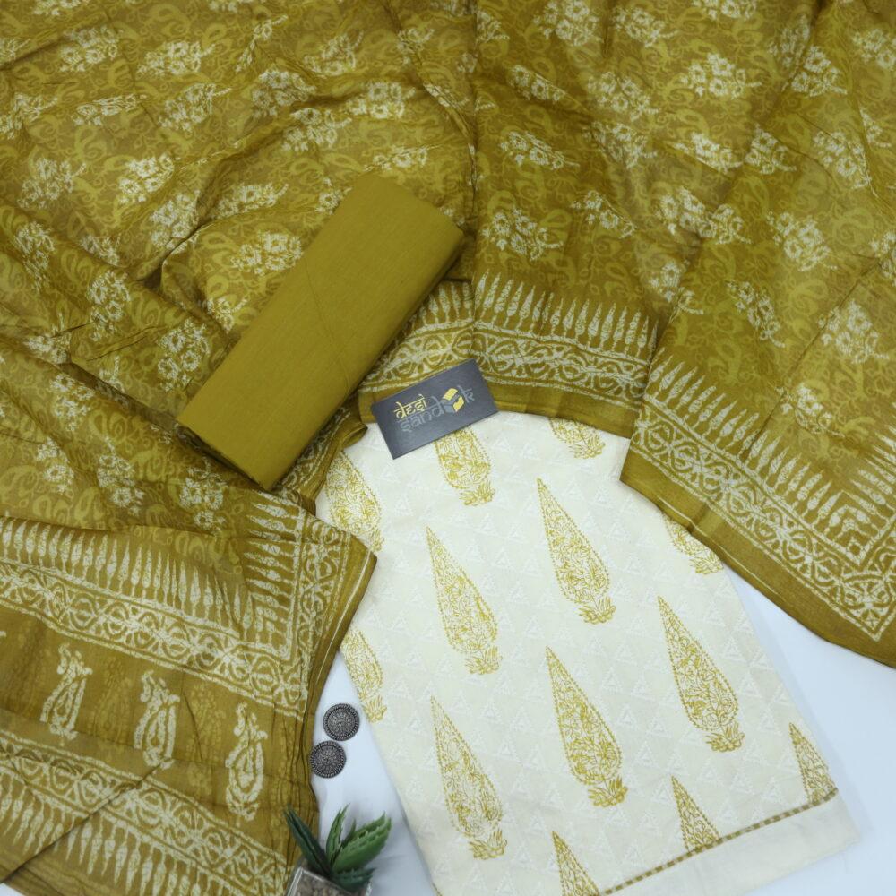 Dijon and Offwhite Chikankari Inspired Top with Printed Cotton Dupatta Set