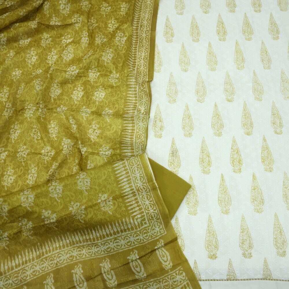 Dijon and Offwhite Chikankari Inspired Top with Printed Cotton Dupatta Set