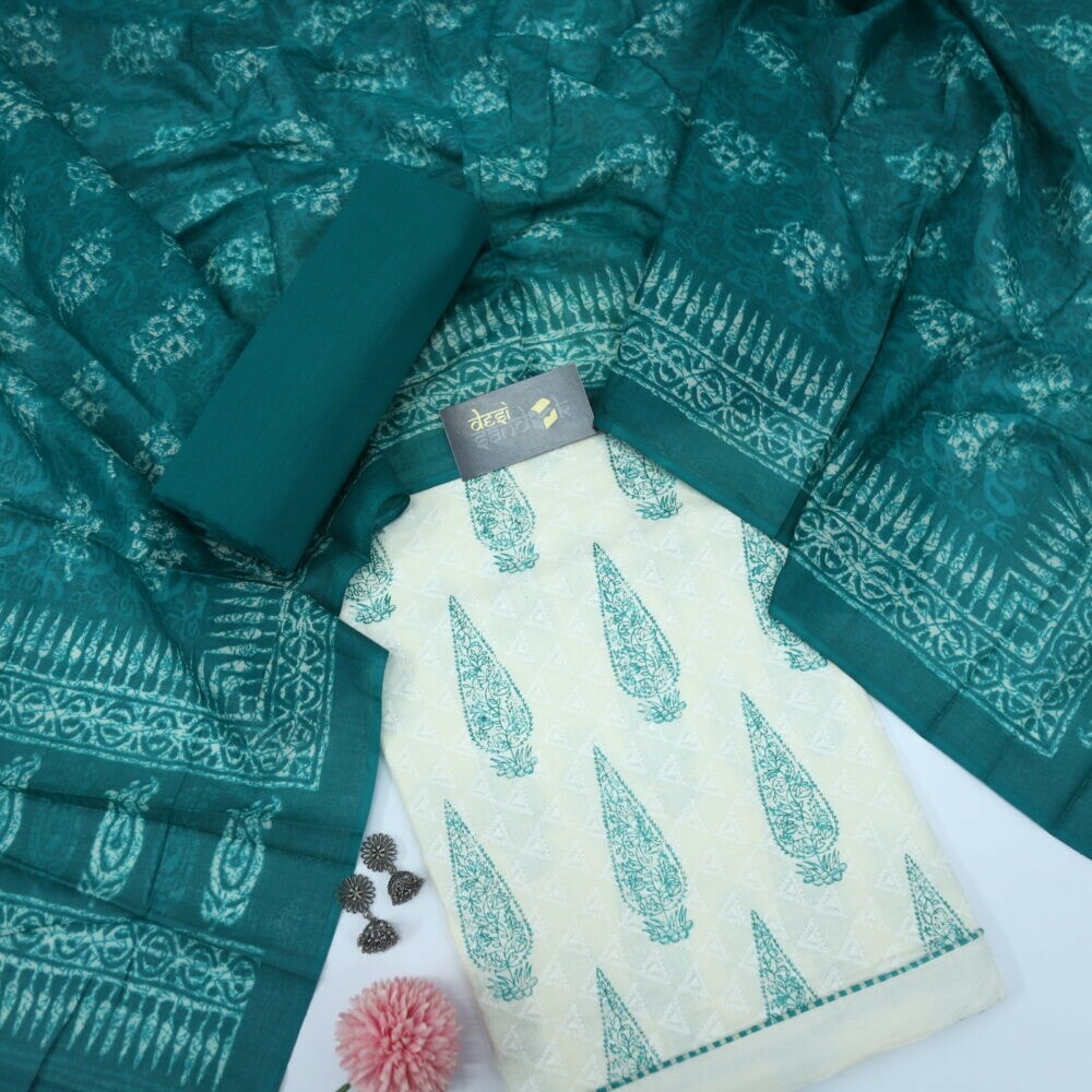 Teal Blue and Offwhite Chikankari Inspired Top with Printed Cotton Dupatta Set