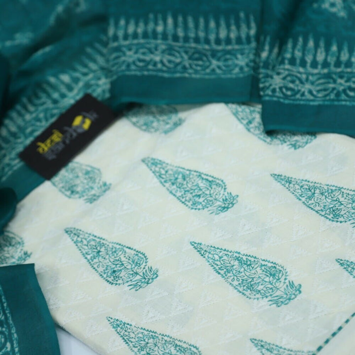 Teal Blue and Offwhite Chikankari Inspired Top with Printed Cotton Dupatta Set