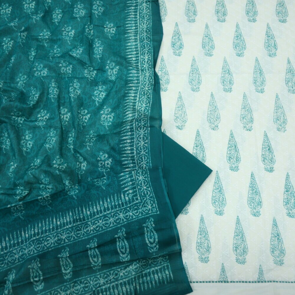 Teal Blue and Offwhite Chikankari Inspired Top with Printed Cotton Dupatta Set