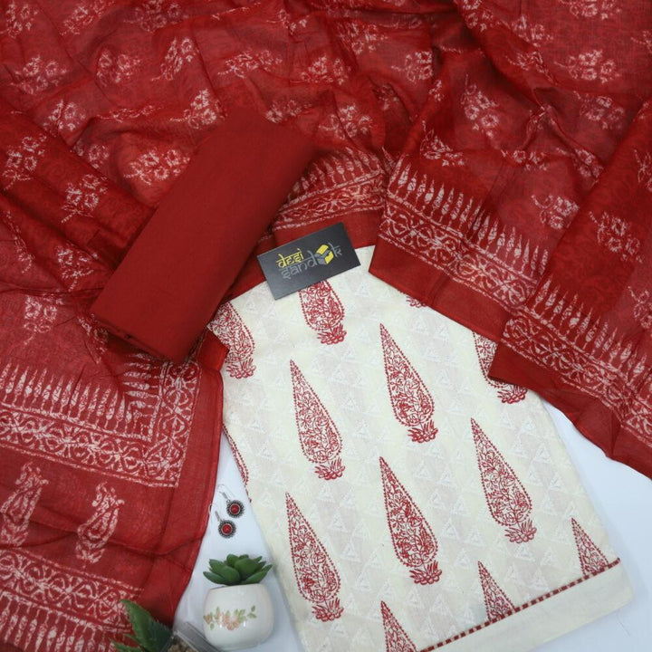 Red and Offwhite Chikankari Inspired Top with Printed Cotton Dupatta Set