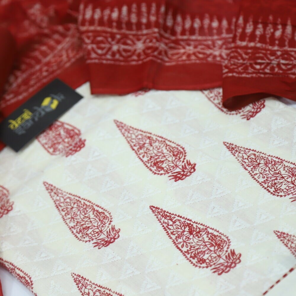 Red and Offwhite Chikankari Inspired Top with Printed Cotton Dupatta Set