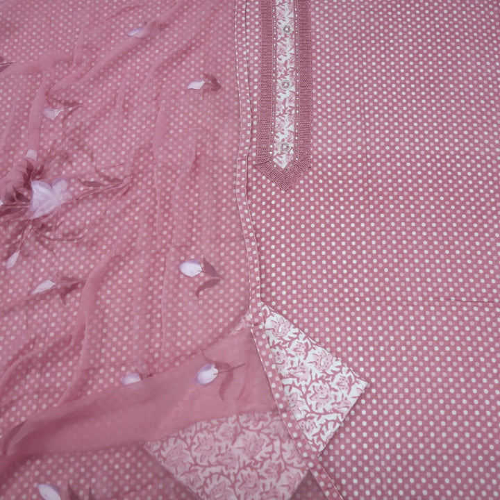 Helio Mauve Polka Dot Printed Cotton Top with Chiffon Dupatta Set