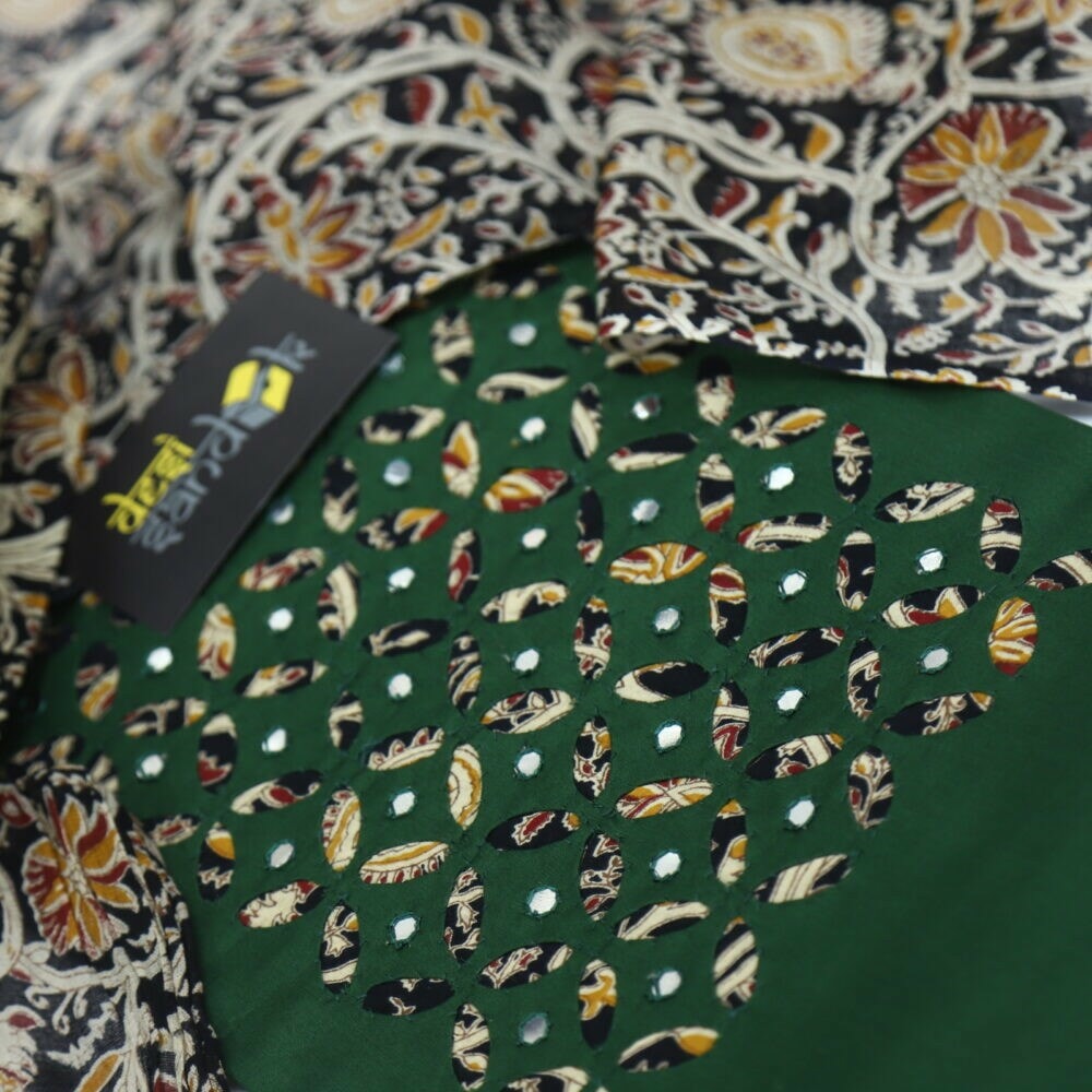 Plant Green Applique Work Top with Kalamkari Printed Cotton Dupatta Set