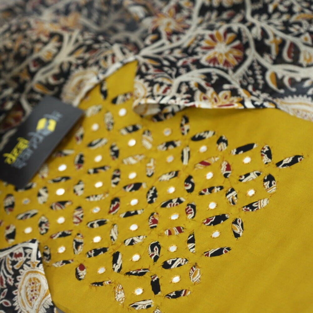 Medallion Yellow Applique Work Top with Kalamkari Printed Cotton Dupatta Set