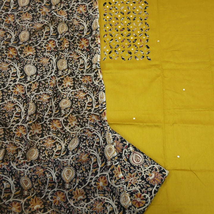 Medallion Yellow Applique Work Top with Kalamkari Printed Cotton Dupatta Set