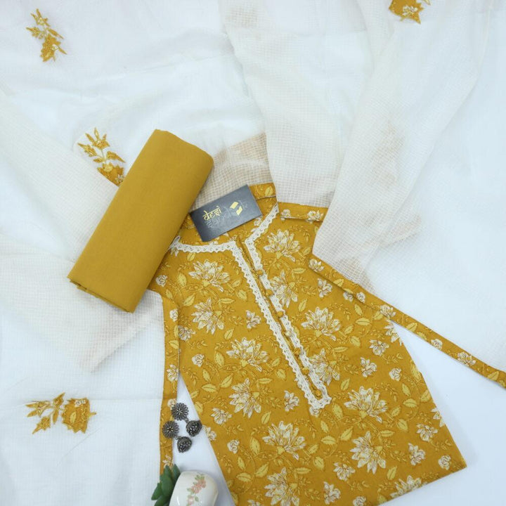 Marigold Yellow Printed Cotton Top with Off white Patch Work Kota Dupatta Set