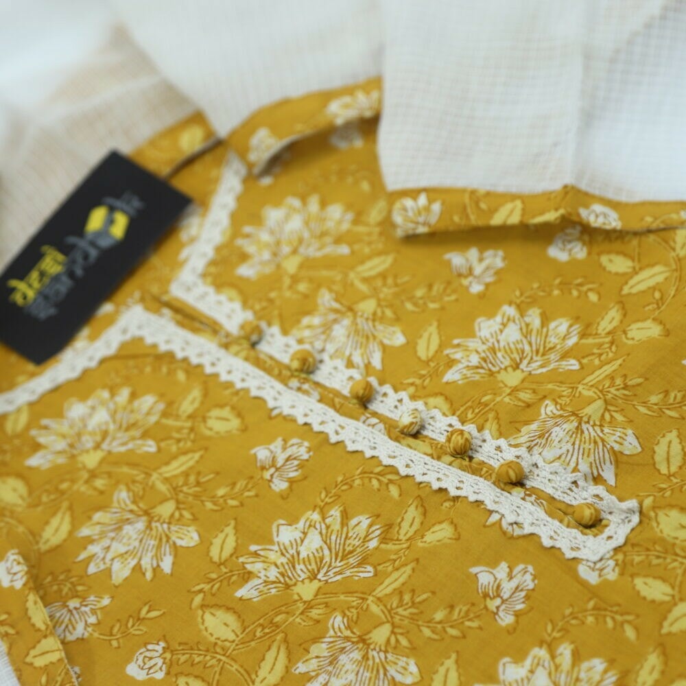 Marigold Yellow Printed Cotton Top with Off white Patch Work Kota Dupatta Set