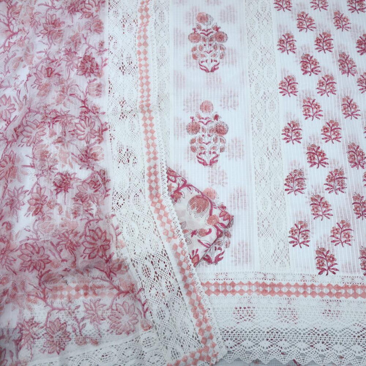White and Pink Kota Top with Printed Chiffon Dupatta Set