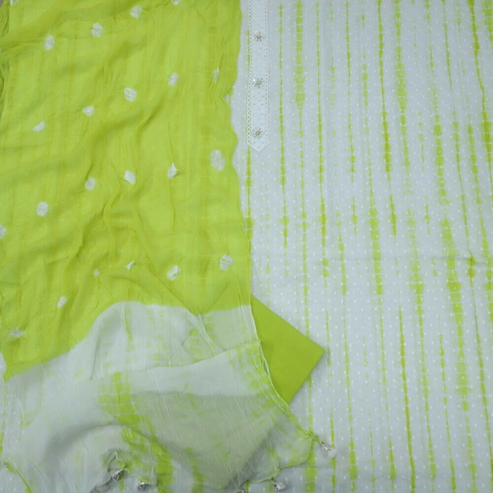 White and Neon Green Dobby Shibori Top and Dupatta Set