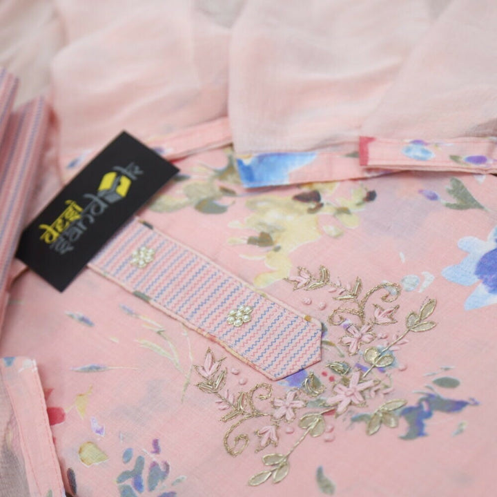 Taffy Pink Printed Cotton Top with Plain Chiffon Dupatta Set