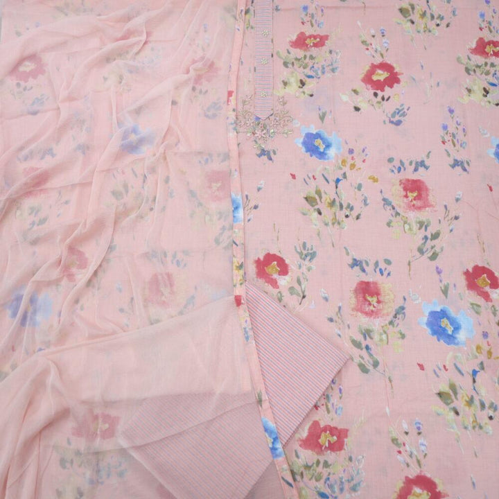 Taffy Pink Printed Cotton Top with Plain Chiffon Dupatta Set