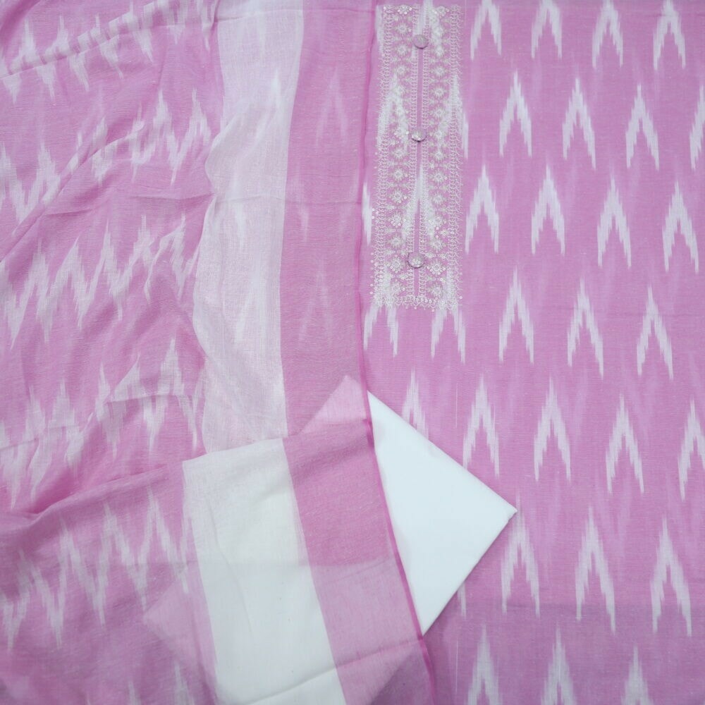 Rose Pink Ikkat Cotton Top with Printed Dupatta Set-2