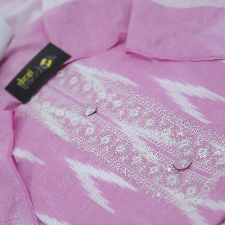 Rose Pink Ikkat Cotton Top with Printed Dupatta Set-2