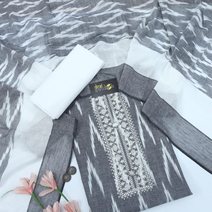 Grey Ikkat Cotton Top with Printed Dupatta Set-2