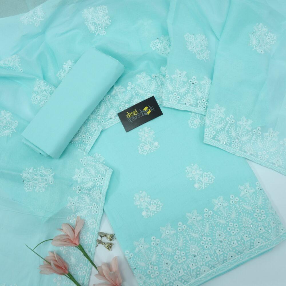 Turquoise Cotton Schiffli Work Top and Dupatta Set