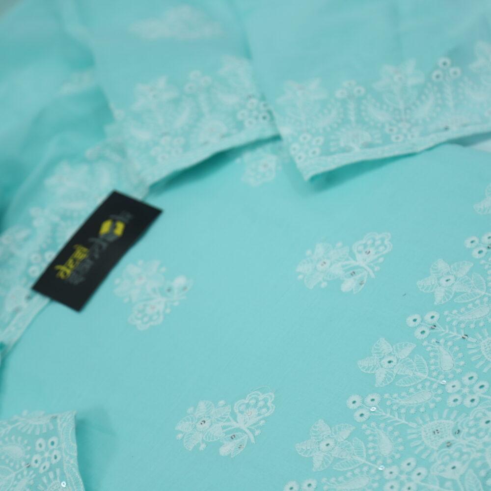 Turquoise Cotton Schiffli Work Top and Dupatta Set