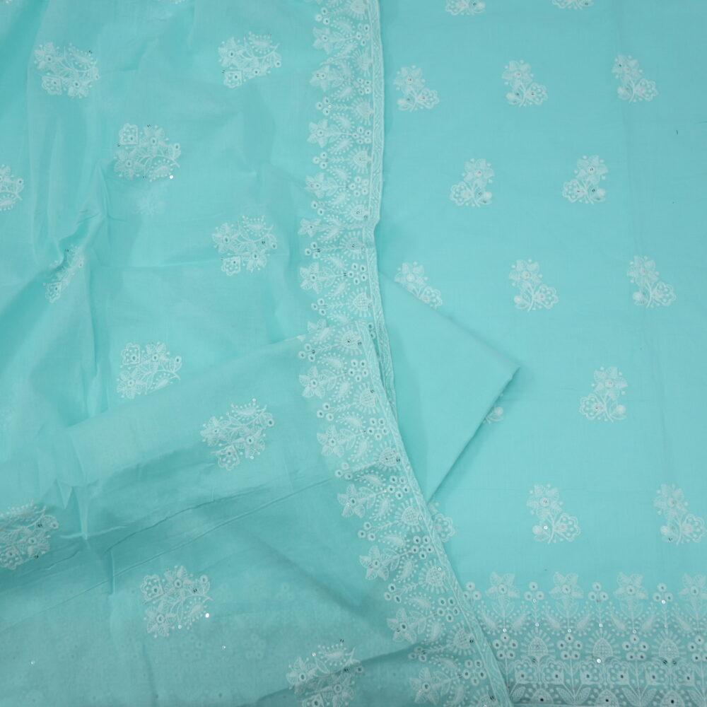 Turquoise Cotton Schiffli Work Top and Dupatta Set