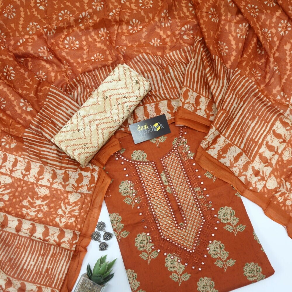 Rust Orange Printed Cotton Top with Printed Dupatta Set