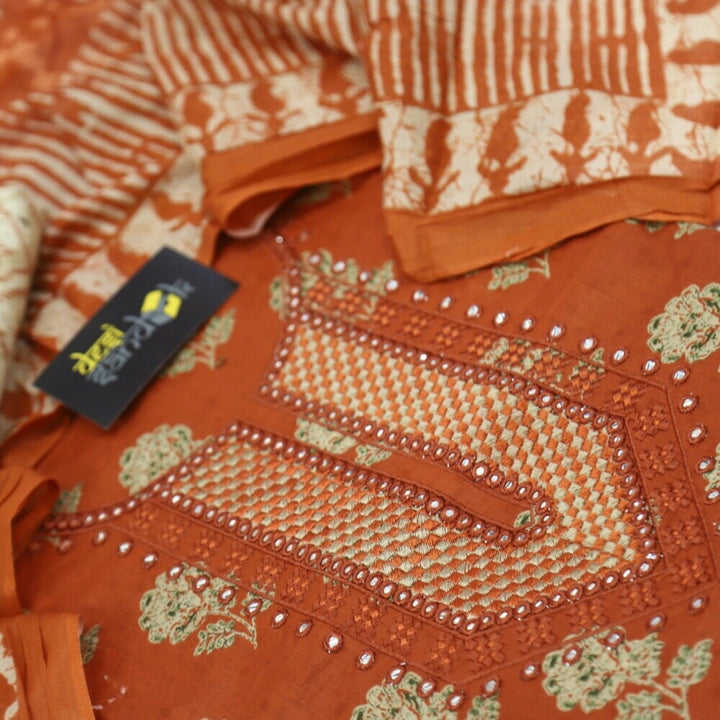 Rust Orange Printed Cotton Top with Printed Dupatta Set