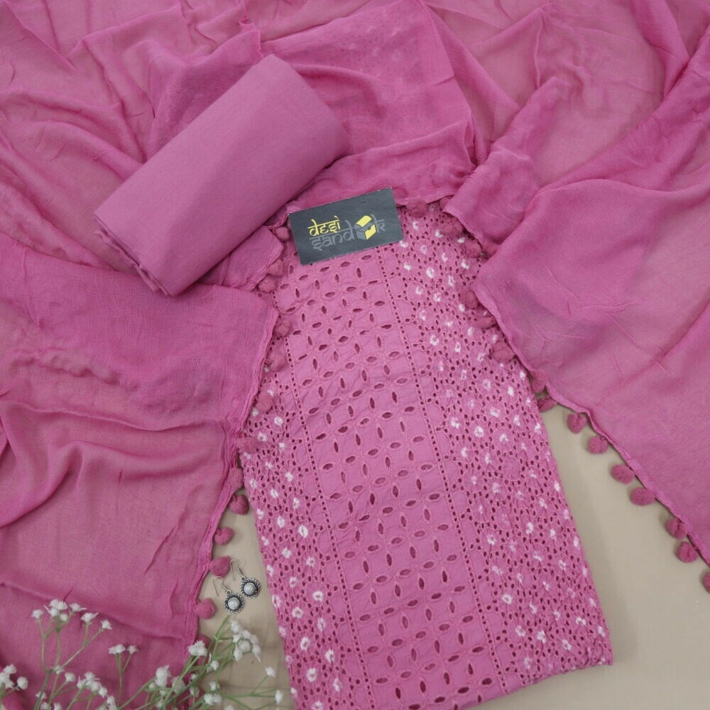 Mulberry Schiffli work Cotton Top with Chiffon Dupatta Set