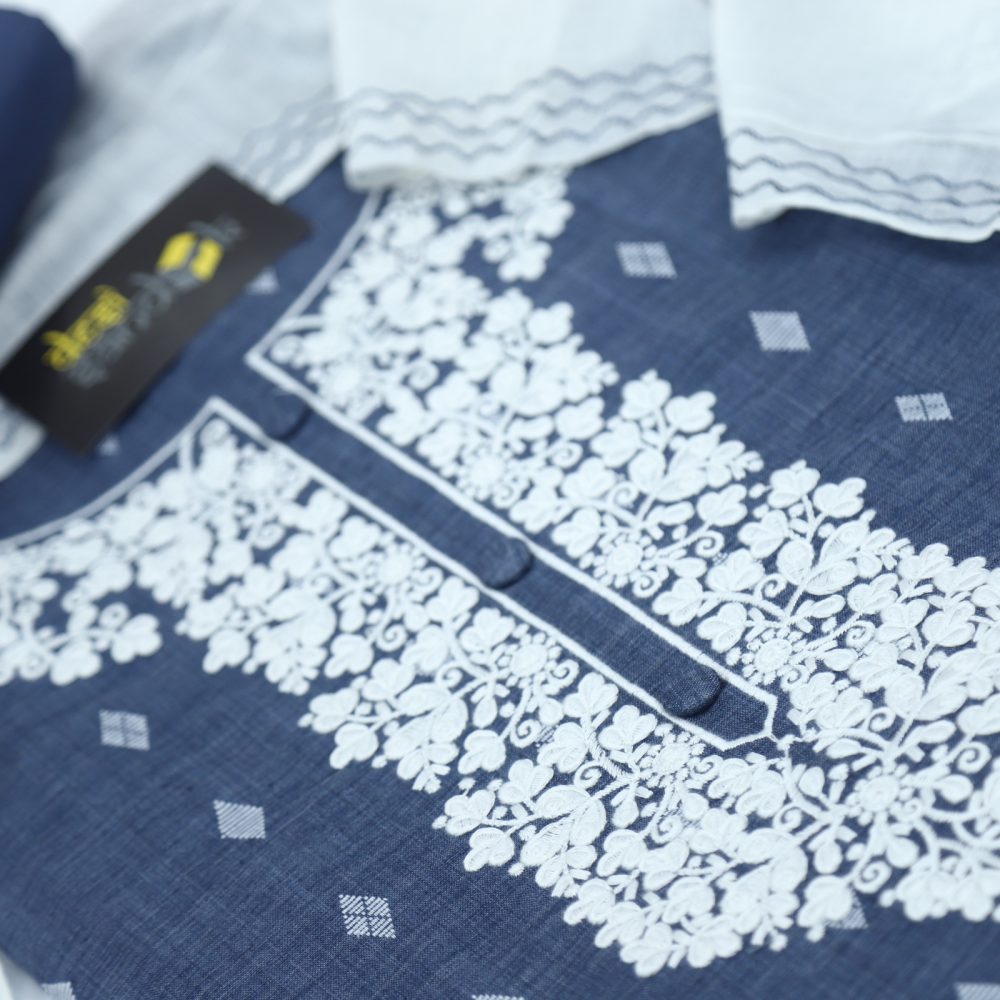 Denim Blue Cotton Designer Neckline Top with Cream Dupatta Set