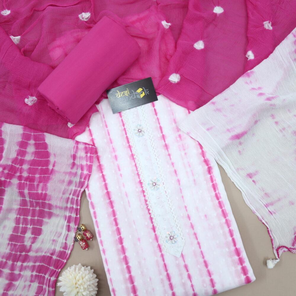 White and Hot Pink Dobby Shibori Top and Dupatta Set