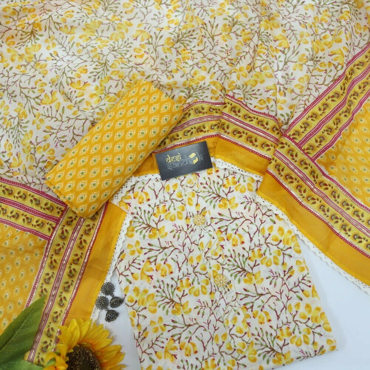Yellow and Offwhite Printed Cotton Top and Dupatta Set