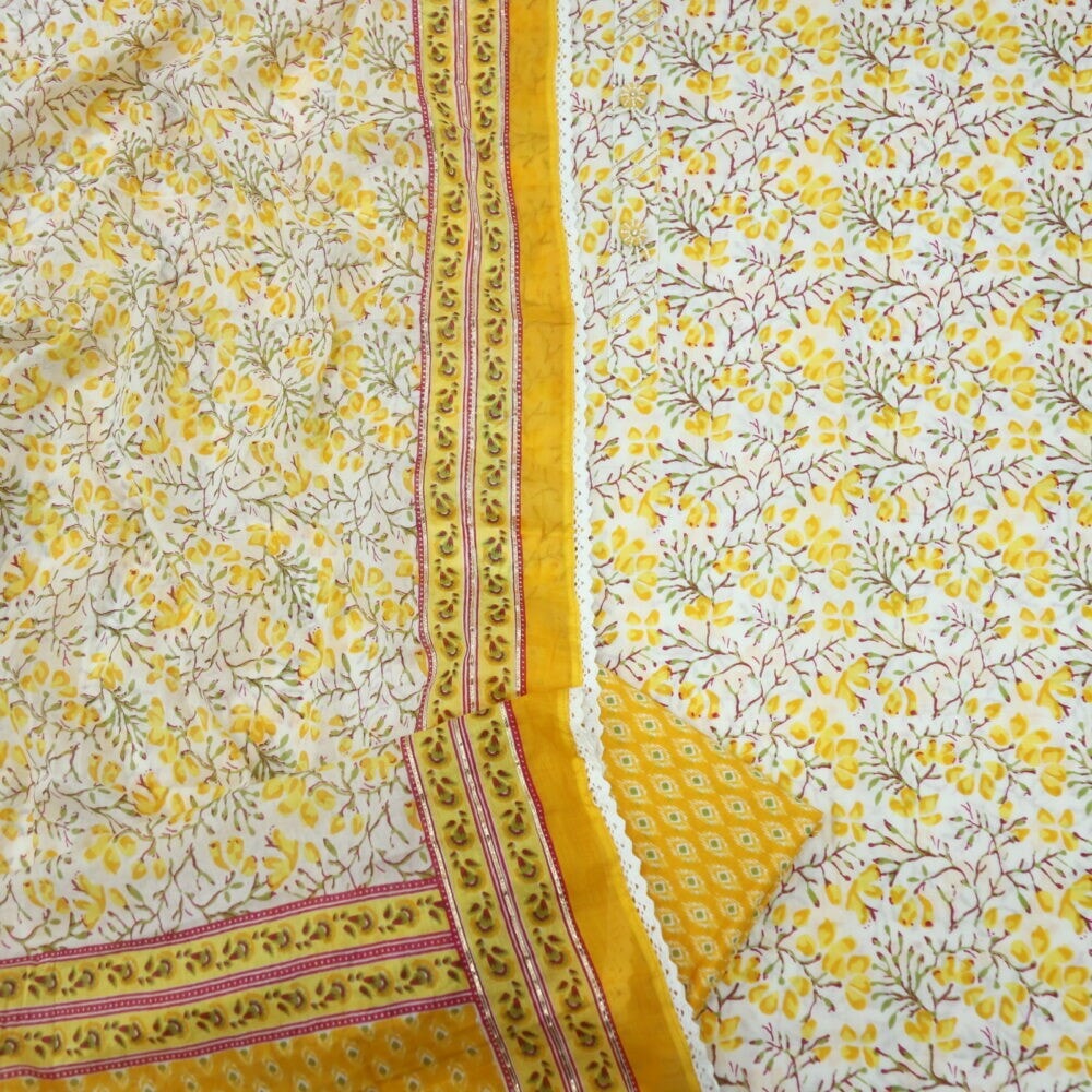 Yellow and Offwhite Printed Cotton Top and Dupatta Set