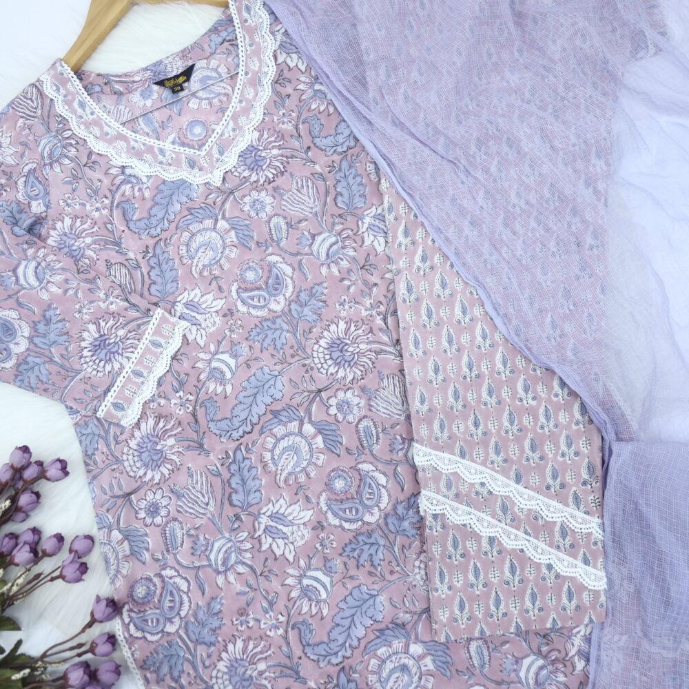 Blue and Pink Printed Cotton Top and Bottom with Kota Dupatta 3 Piece Set