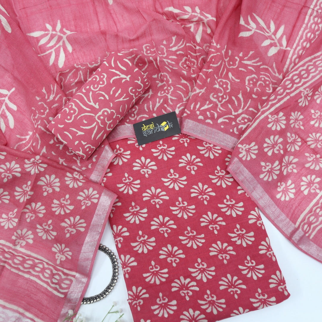 Pink Flower Printed Cotton Linen Top and Dupatta Set