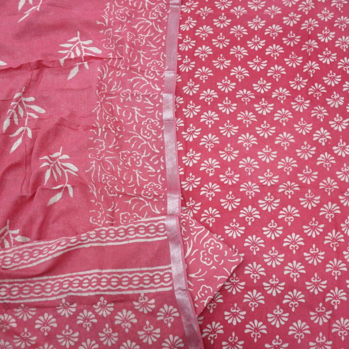 Pink Flower Printed Cotton Linen Top and Dupatta Set