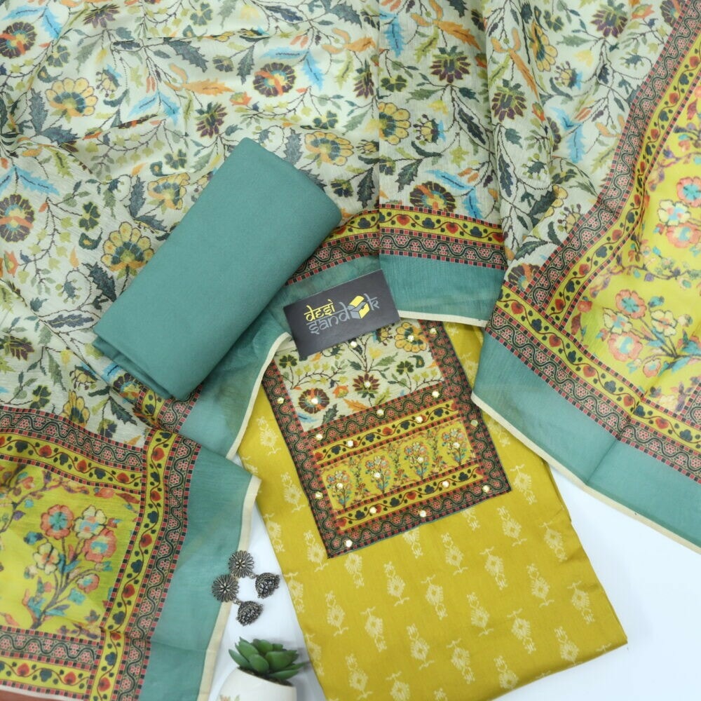 Dijon Yellow Cotton Blend Top with Digital Printed Chanderi Dupatta Set