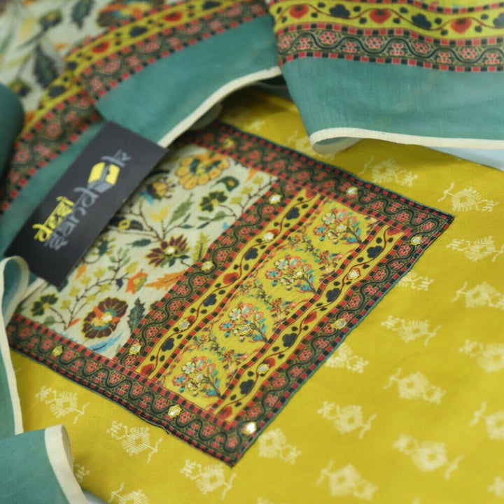 Dijon Yellow Cotton Blend Top with Digital Printed Chanderi Dupatta Set