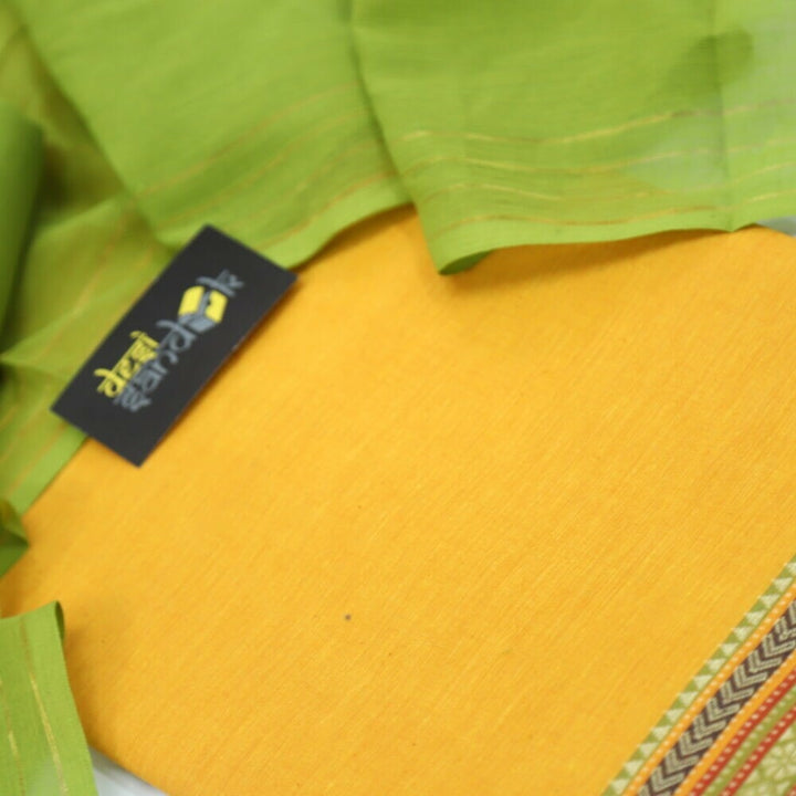 Yellow South Cotton Top with Mangalgiri Hem with Parrot Green Dupatta