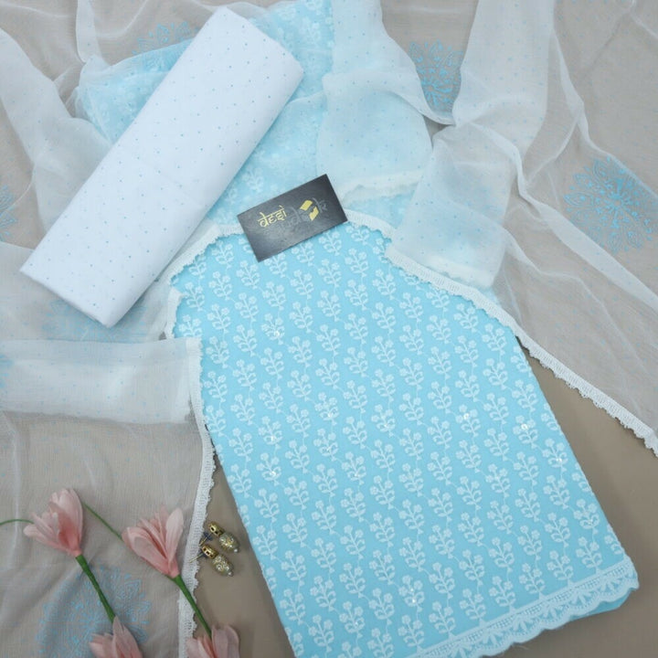 Sky Blue All Over Thread Work Top with Printed Chiffon Dupatta Set