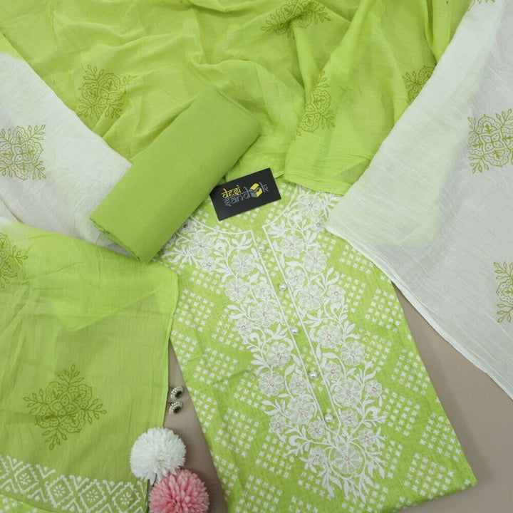 Neon Green Printed Top with Designer Neckline with Printed Dupatta Set