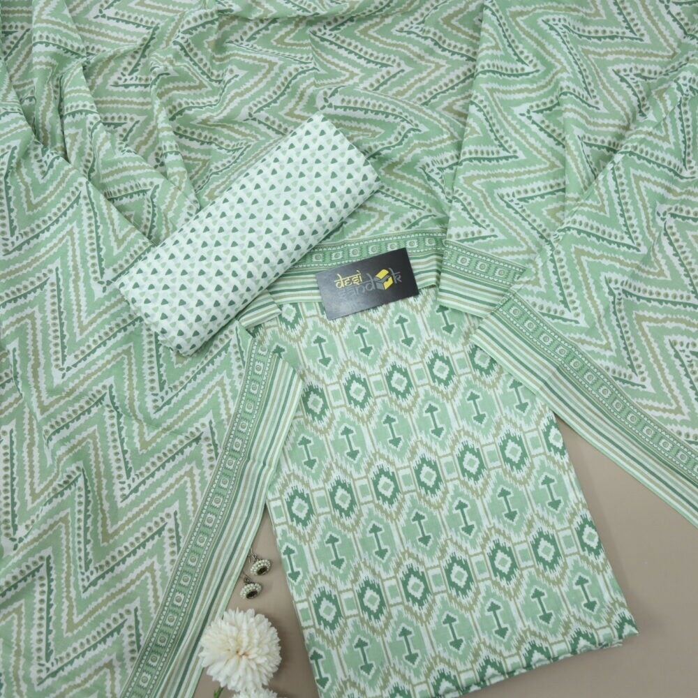 Fern Green Printed Cotton Top with Zig Zag Printed Dupatta Set