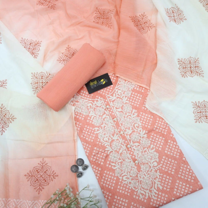 Peach Printed Top with Designer Neckline with Printed Dupatta Set